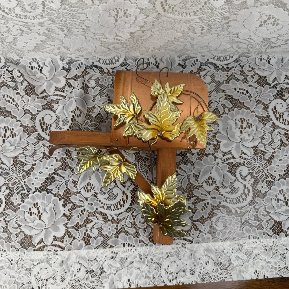 Vintage Wood and Copper Decorative Mailbox Wall Shelf with Gold Maple Leaves